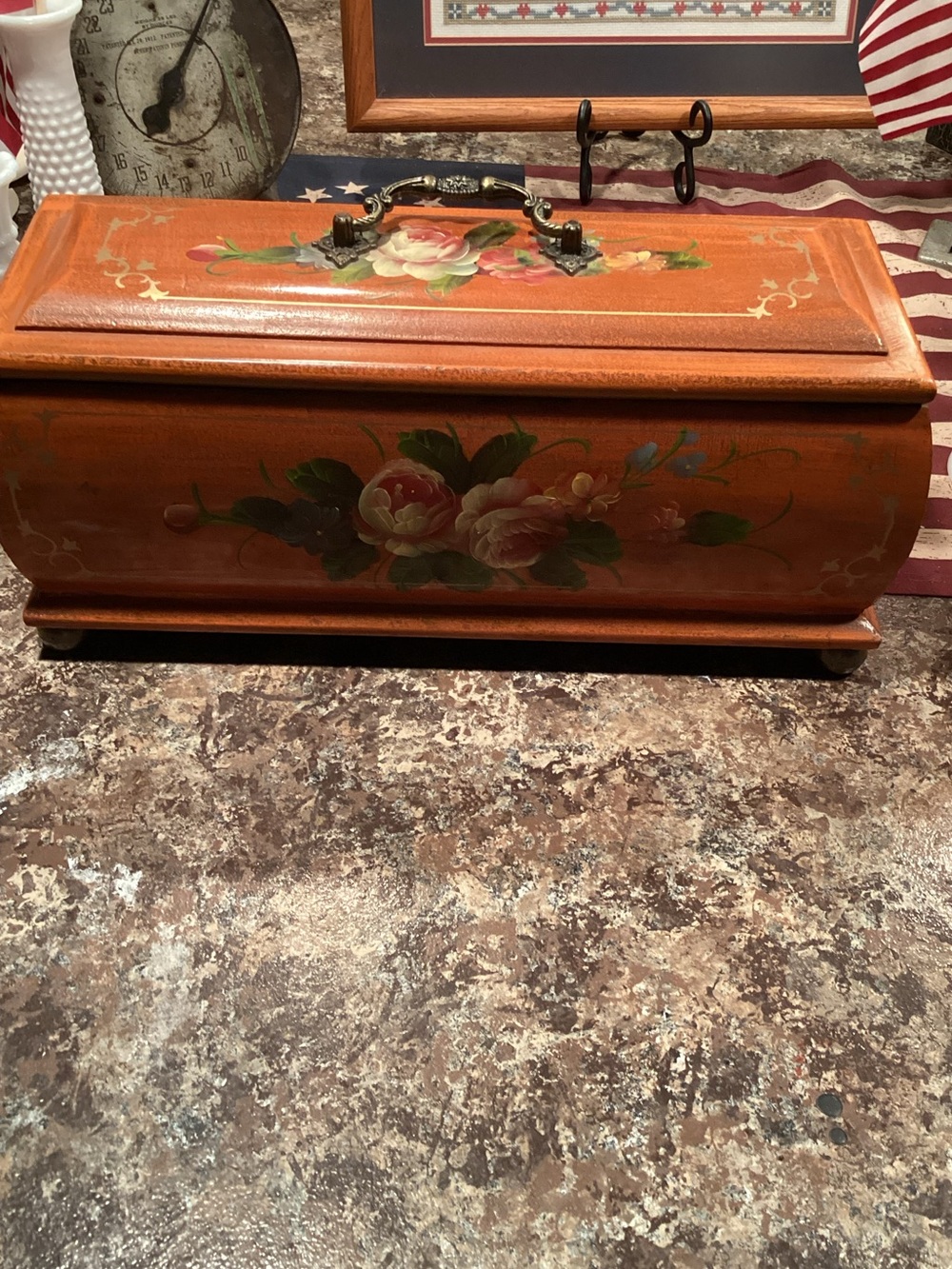 Vintage Hand Painted Wooden Box Floral Design w/ Lid Storage Decor Velvet Lined